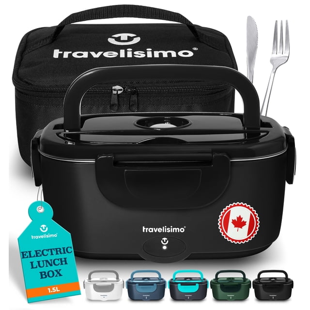 TRAVELISIMO Electric Lunch Box Food Heater, 80W 1.5L Portable Microwave 12V/24V/110V Heated Lunch Box for Men & Women, Stainless Steel Portable Food Warmer Lunch Box for Car/Truck/Office