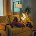thumbnail image 5 of Black Arc Floor Lamp with Remote Control Dimmable LED Bulb 3 Color Temperatures Rattan Fabric Double Drum Shade Boho Farmhouse Tall Standing Lamp for Living Room Bedroom, 5 of 9