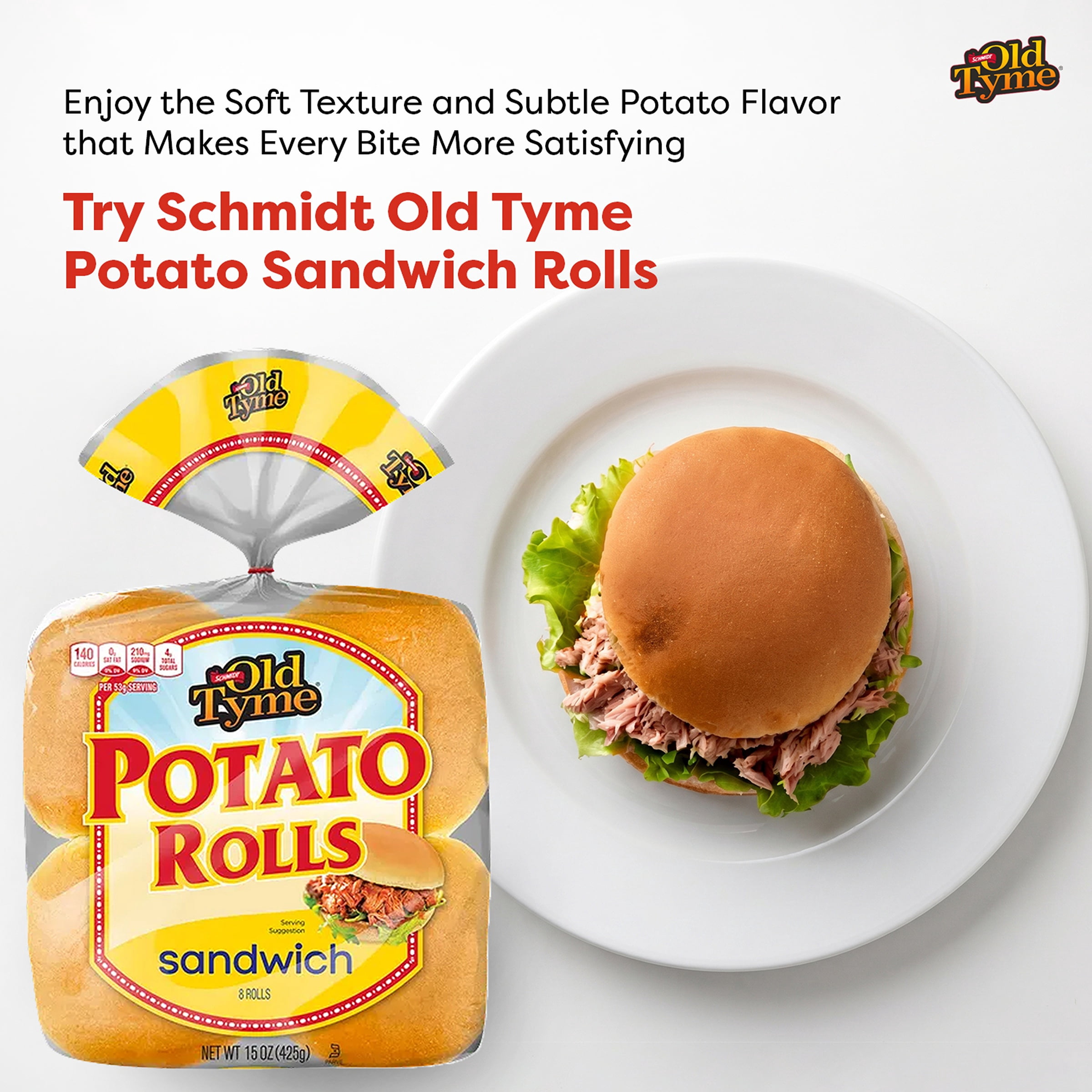 Schmidt Old Tyme Potato Sandwich Rolls, 8 Count, Soft & Fluffy Bread Rolls, 140 Calories per Serving, Perfect for Sandwiches, Light Brown