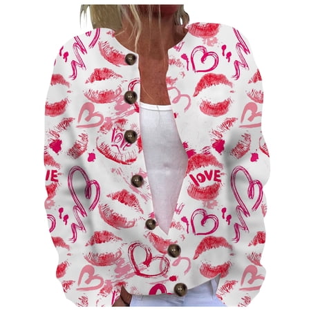 ZHOUCHANKIDS Women s Valentine s Day Printed Cardigan Jacket Cozy Knitwear Long Sleeve Soft Outerwear for Casual Date Night White L