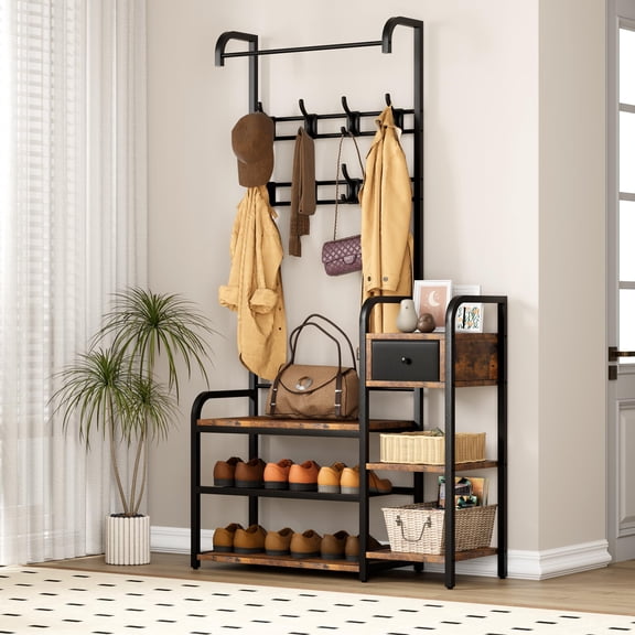 Kojooin Coat Rack with Bench and Drawer 68.8''H Freestanding Hall Tree with Shoe Storage/8 Hooks Entryway Bench with Coat Rack Shelves Shoe Bench and Wall Rack for Living Room, Rustic