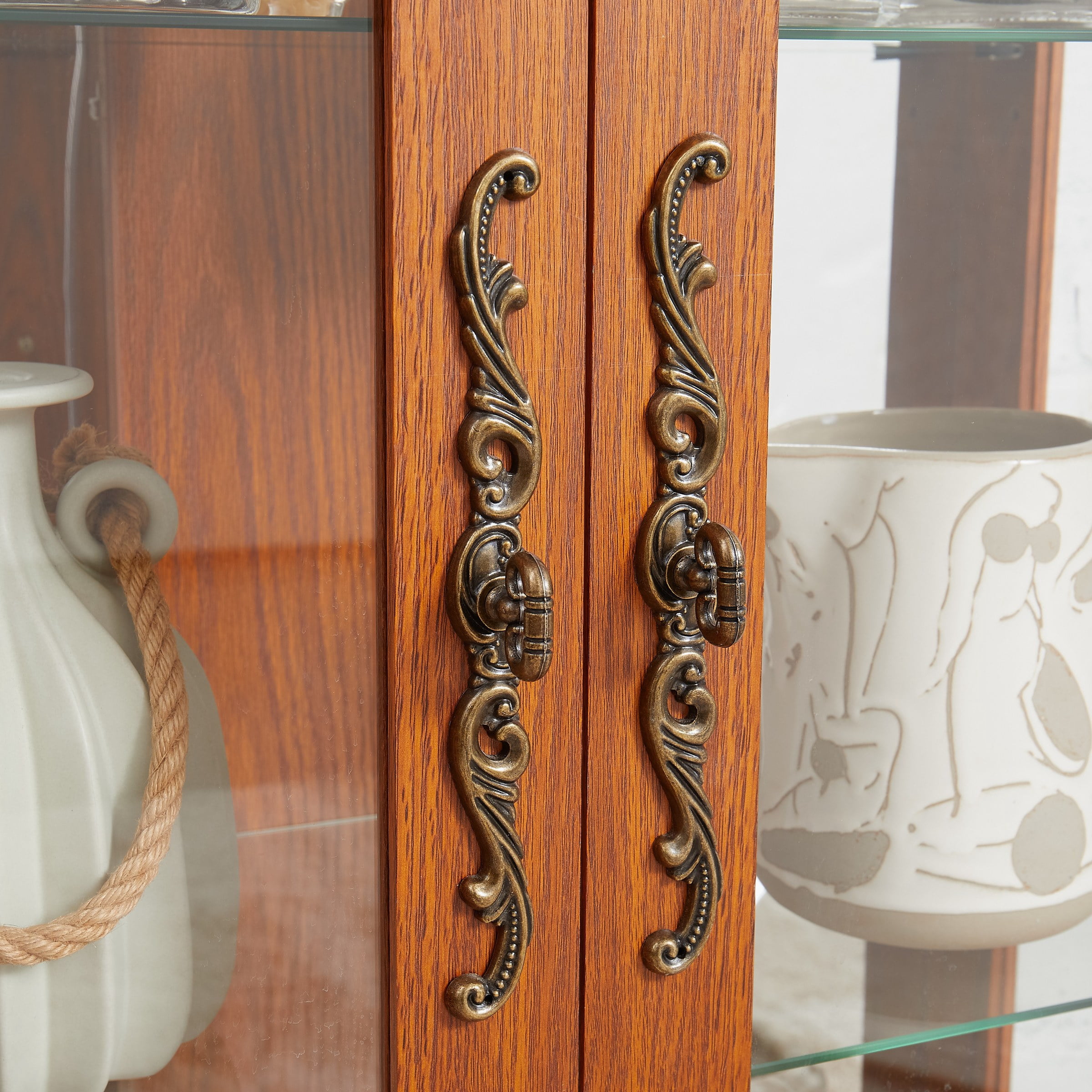 2-Door Curio Cabinet with Tempered Glass, Mirrored Back, Adjustable Shelves, Lighted Display Cabinet, Dark Oak