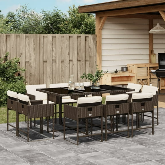 vidaXL 11 Piece Patio Dining Set with Cushions Brown Poly Rattan