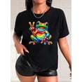 thumbnail image 1 of Camiseta con estampado de rana colorida y adorable para mujer negra, con cuello redondo informal y elegante, y mangas cortas. Camiseta deportiva de ocio., 1 of 7