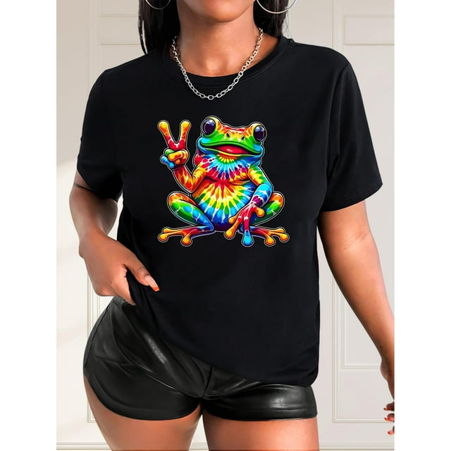 Camiseta con estampado de rana colorida y adorable para mujer negra, con cuello redondo informal y elegante, y mangas cortas. Camiseta deportiva de ocio.