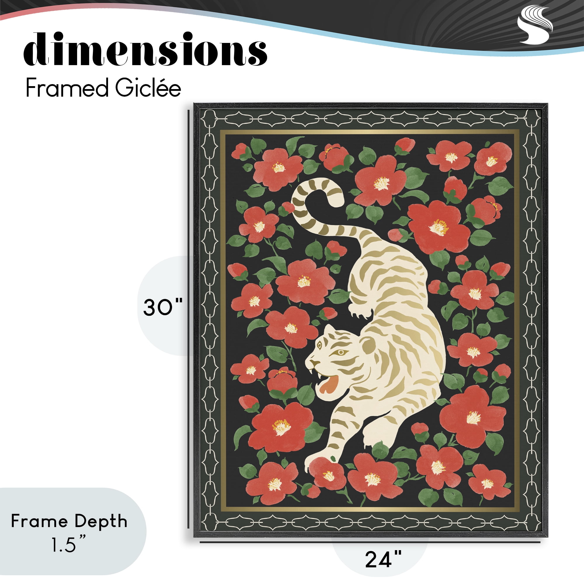 Stupell Industries Ivory Tiger Among Camelias Black Framed Giclee Art, design by Karolina Sato