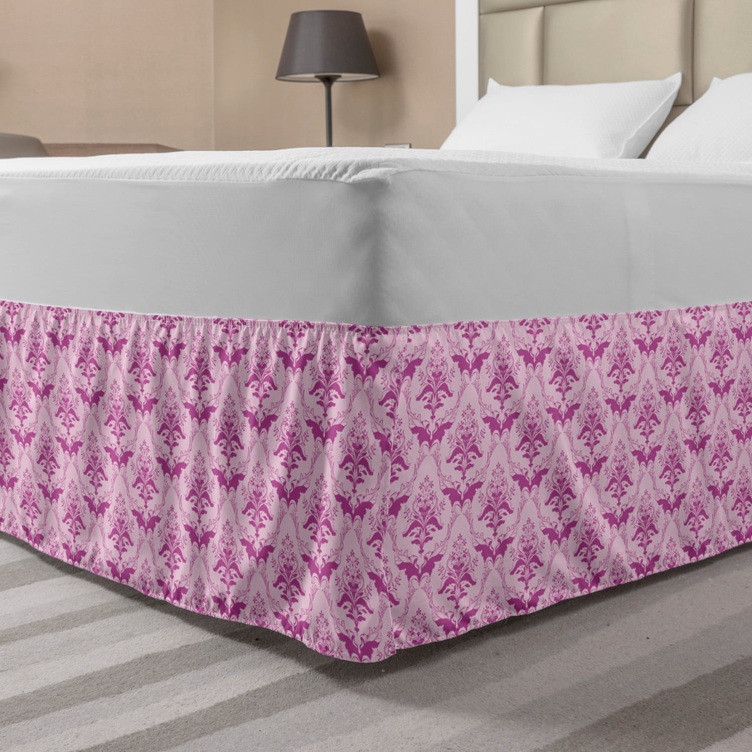 Damask Bed Skirt, Monochrome Modernized Victorian Inspired Floral
