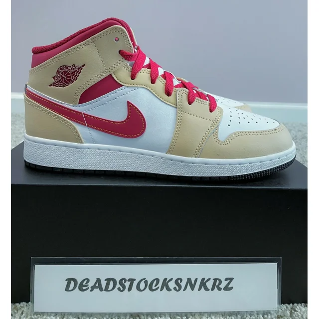 N I-K-E A i r-Jor-dan 1 Mid GS Beige Red White Onyx Light Curry 554725 201 GS Sizes