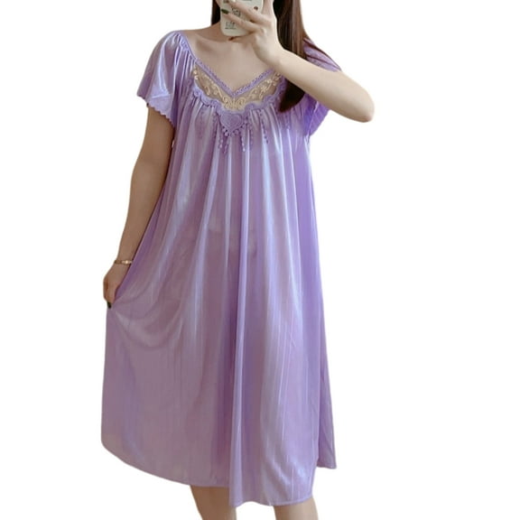 Huhudde Women's Long Ice Silk Nightgown,Summers Short Sleeve Sleep Dress Nightdress Casual Loose Chemise Sleepwear Sleepshirt