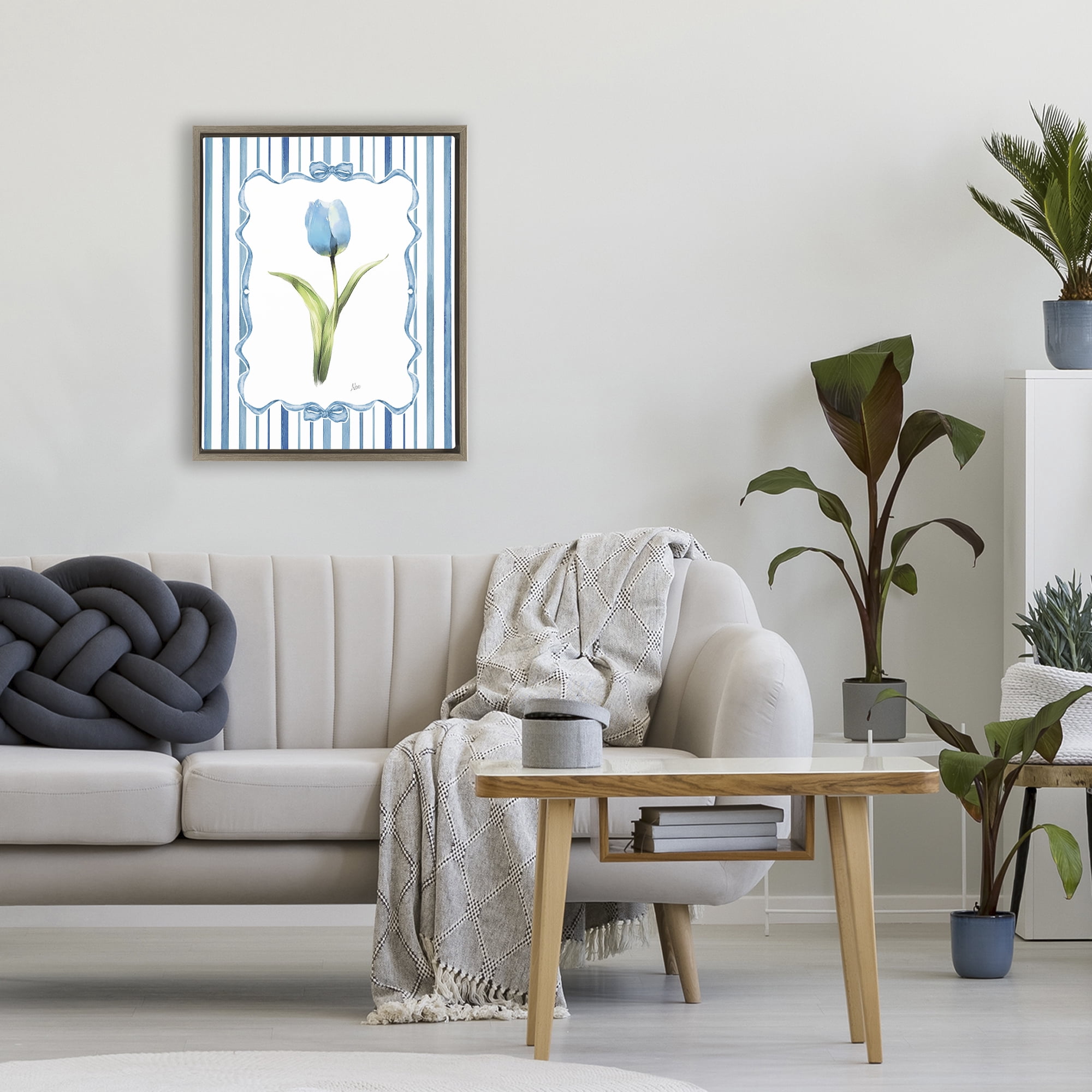 Stupell Industries Single Blue Tulip Stripes Brown Framed Floater Canvas Wall Art, design by Nan