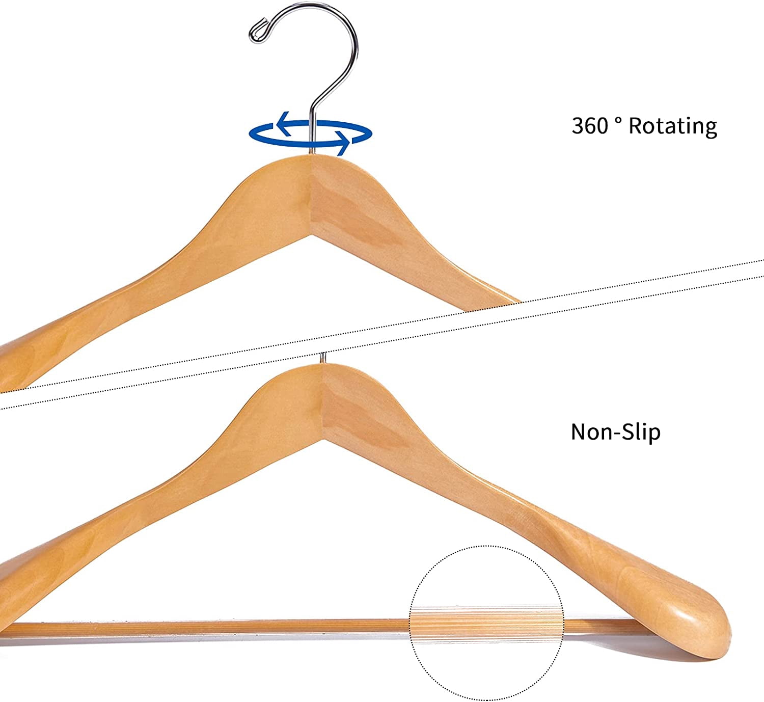 Luxury Natural Wooden Suit Hangers - 6 Pack with Glossy Finish, Extra-Wide Shoulders, 360-Degree Swivel Hooks and Anti-Slip Bar with Screw