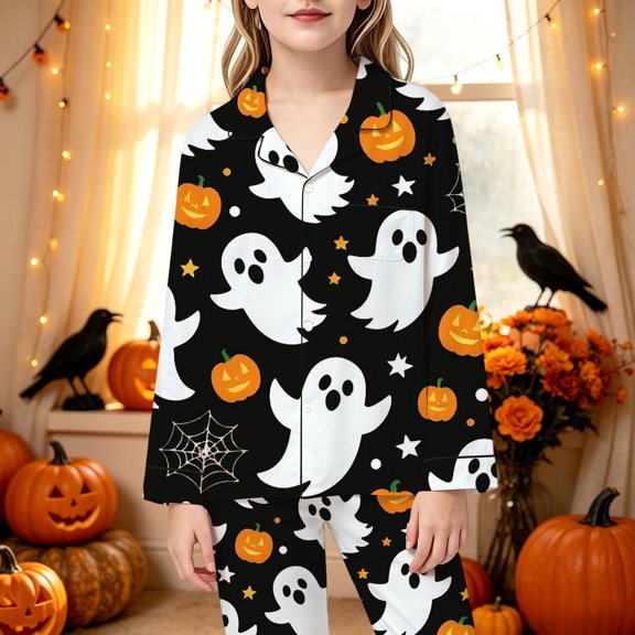 Hpapadks Pajamas for Boys Kids Halloween Print Pajama Set Long Sleeve Shorts Loungewear Pjs for Boys Black 3-4 Years
