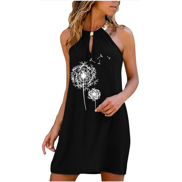 Pompotops Femmes Robe Décontractée O- Cou d'Été Imprimé Floral Robes Sans Manches
