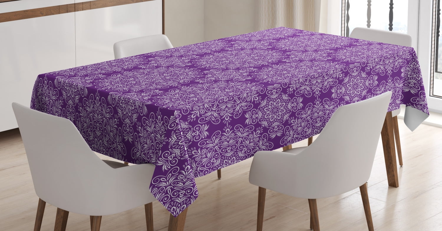 Purple Mandala Tablecloth, Classic Style Victorian Swirled Floral