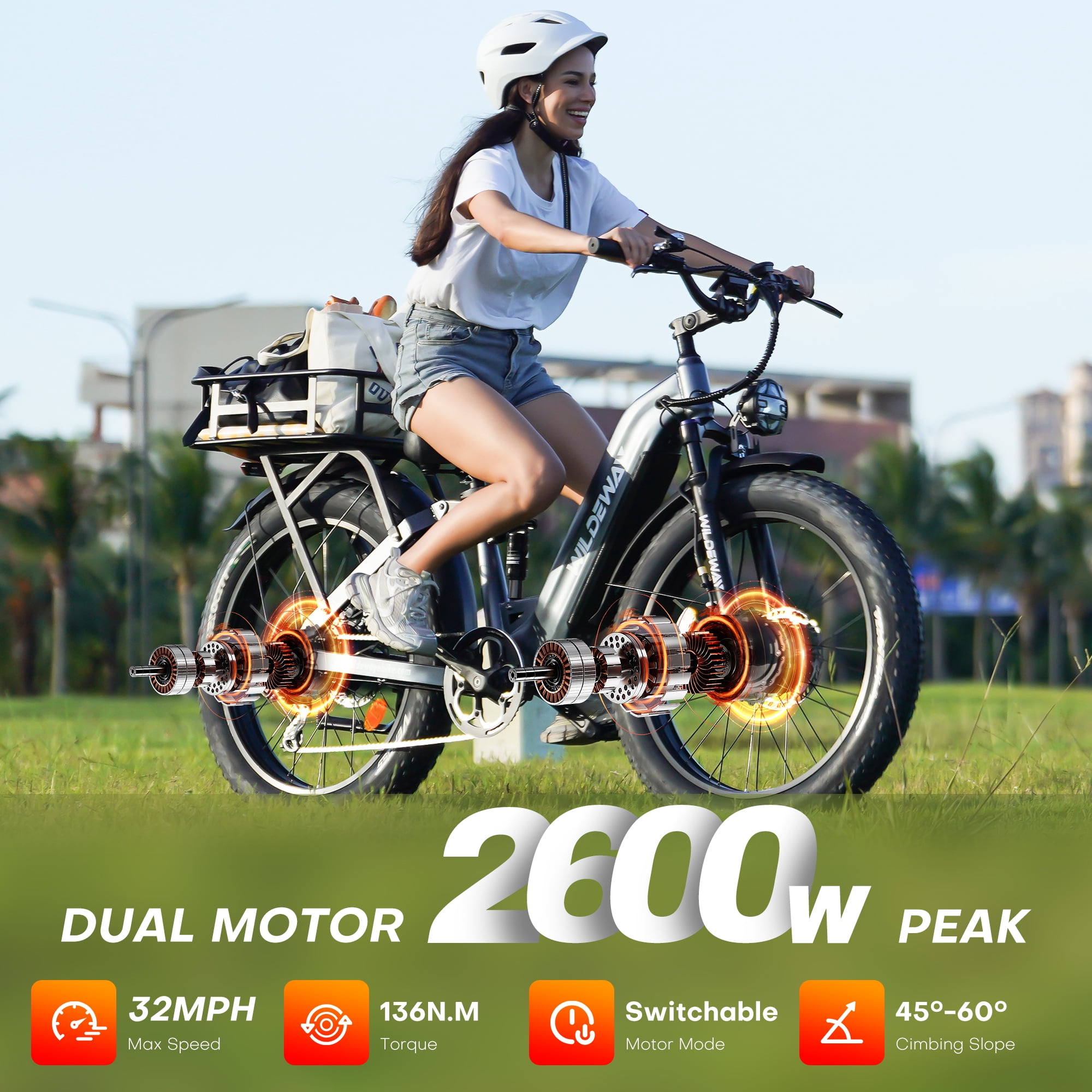 WILDEWAY Dual Motors 2600W Electric Bike for Adult 26'', UL2849 48V 30AH Removable Battery E-mountain bike 4.0 Fat Tire up to 32MPH Long Range Off-road Ebike Beach Dual Hydraulic&Brakes Bicycle