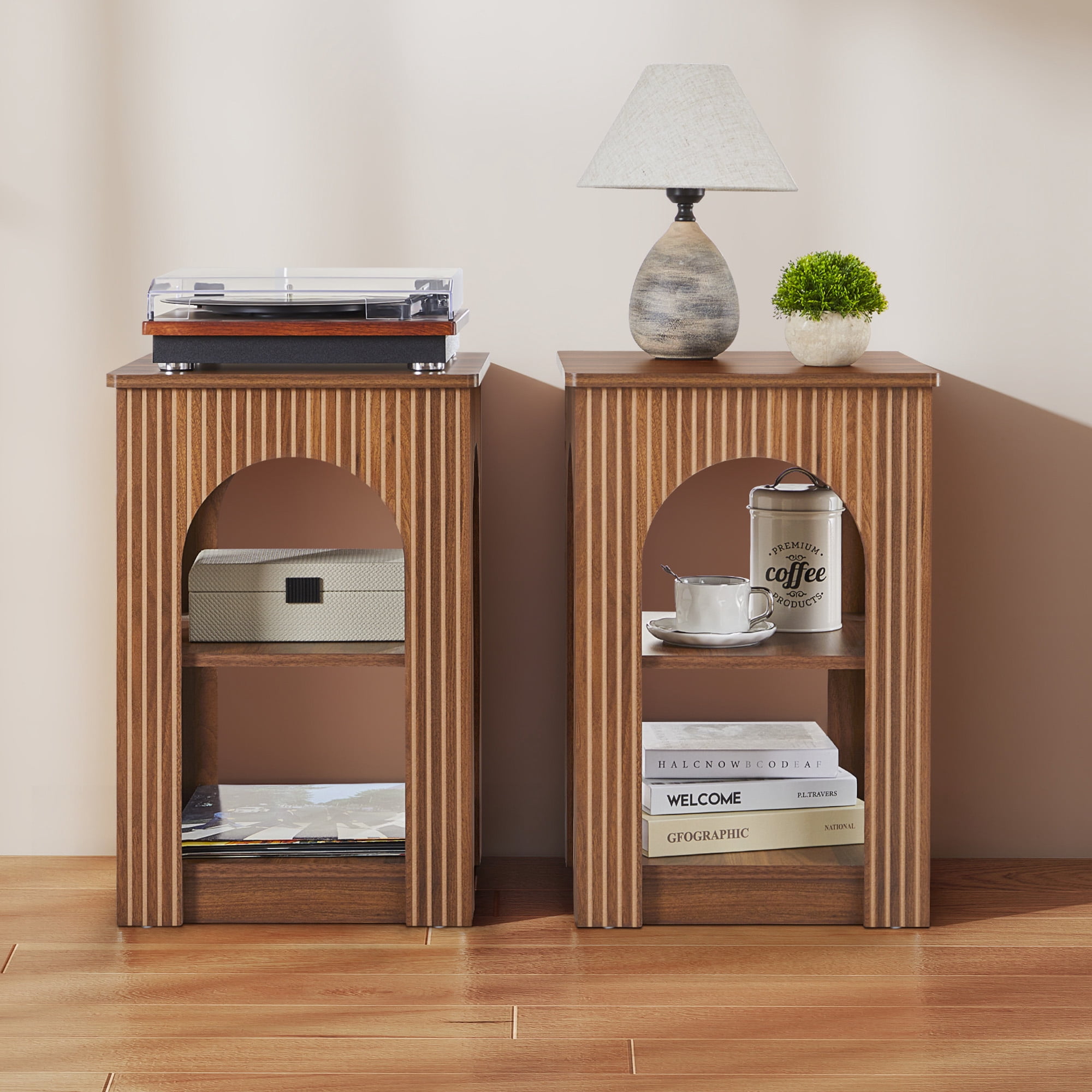 Wirrytor Arch End Table for Living Room with Open Storage Shelves, Side Table for Small Spaces, Chic Arched Design, Small Accent Tables,Couch Side Table, Nightstand for Badroom, Walnut