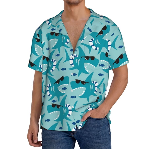 Fotbe Shark Wearing Sunglasses Camisa Estampada de Manga Corta para Hombre, Casual de Verano, Estilo Playero, Sin Arrugas-Medium