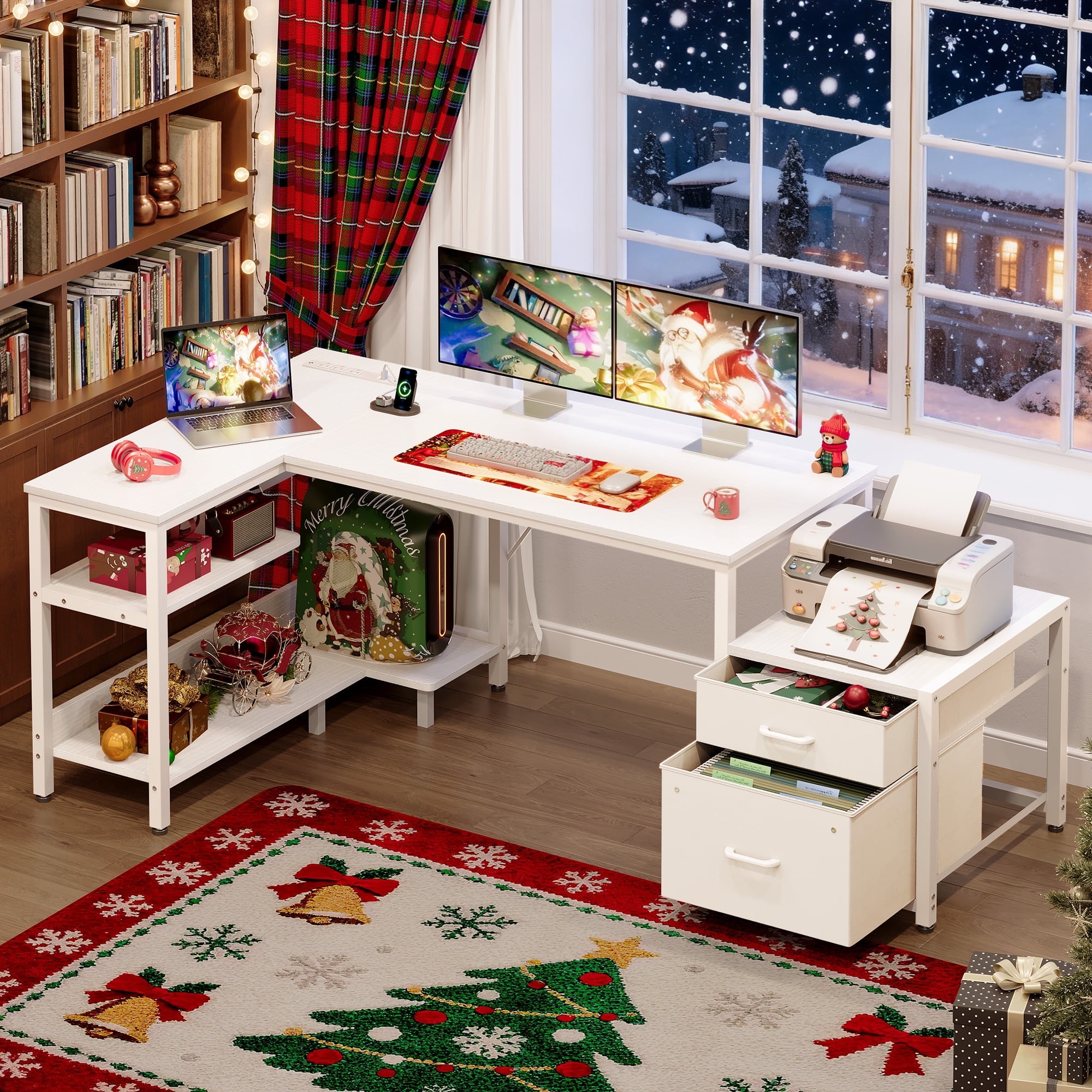 Casacomoda L Shaped Desk with Power Outlets, Large Computer Desk with File Drawer, Home Office Desk with Printer Stand & Storage Shelves, Corner Desk, White
