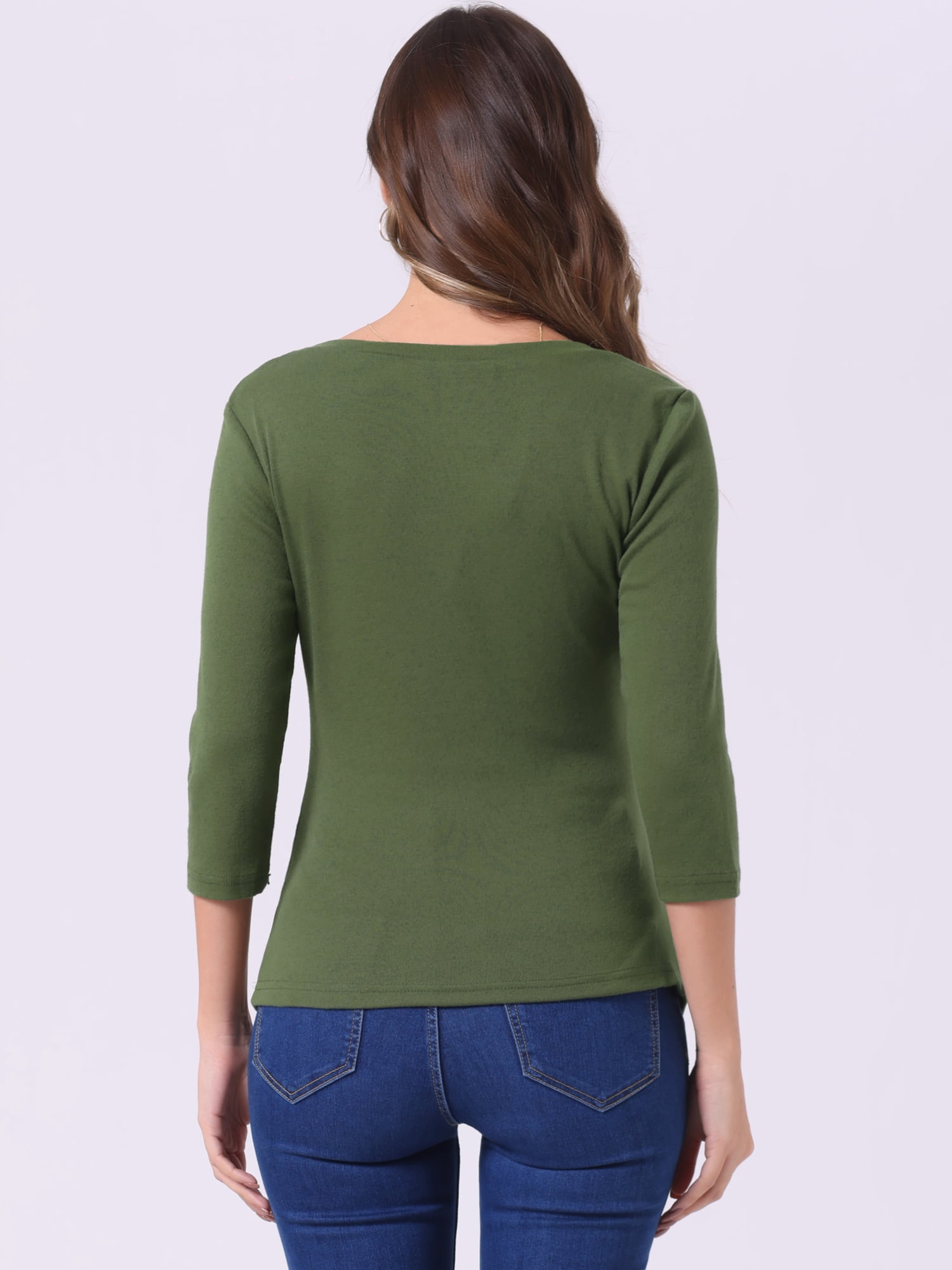 DARING DIVA V Neck 3/4 Sleeve Ruched Blouses Tops L Olive Green