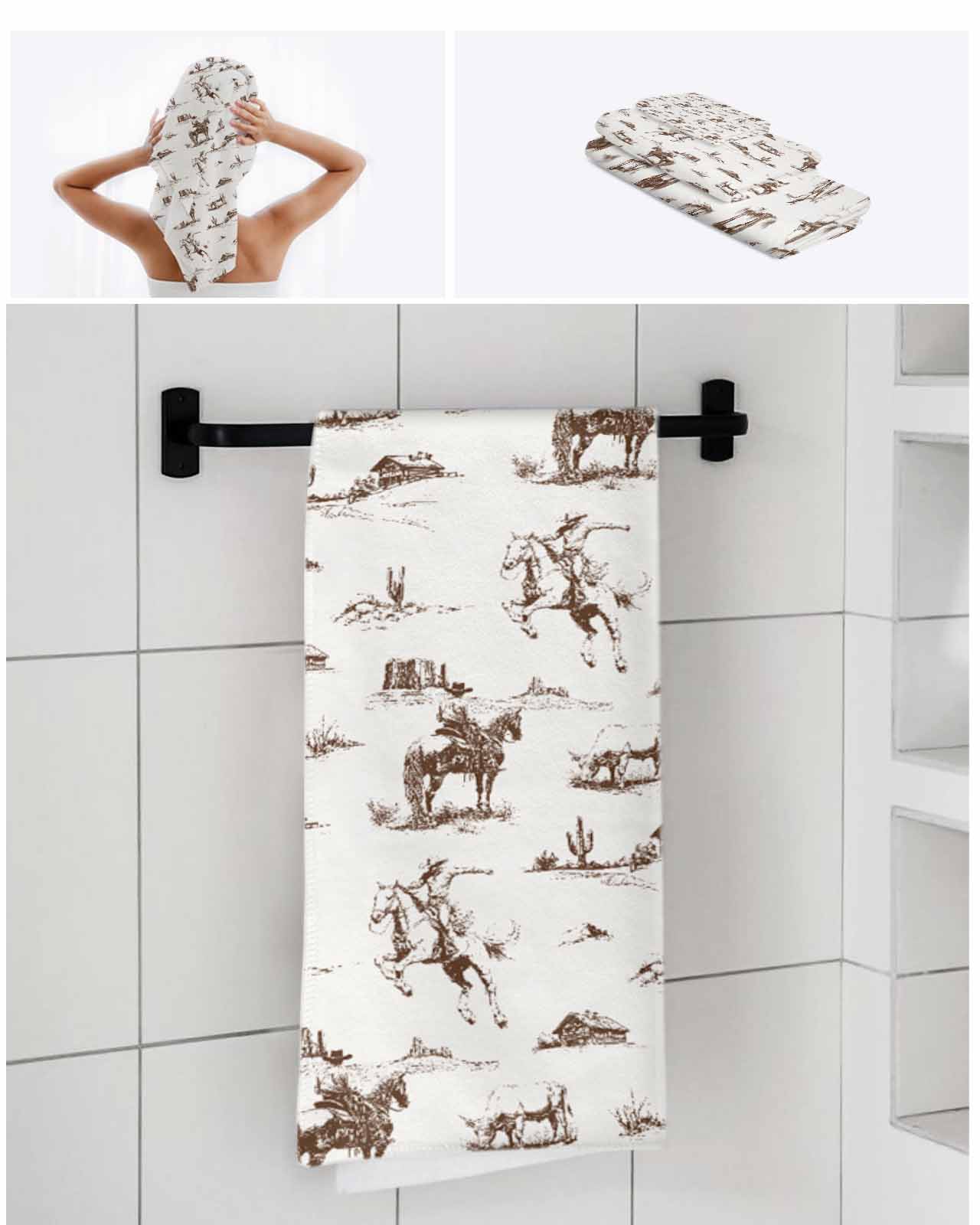 Western Cowboy Bath Towels for Bathroom Set,Luxury Microfiber Towels Gifts for Women,Beach Kitchen Hand Hair Face Towel and Dish Washcloth,Retro Desert Cactus Country Cowboy Brown Towels+Set