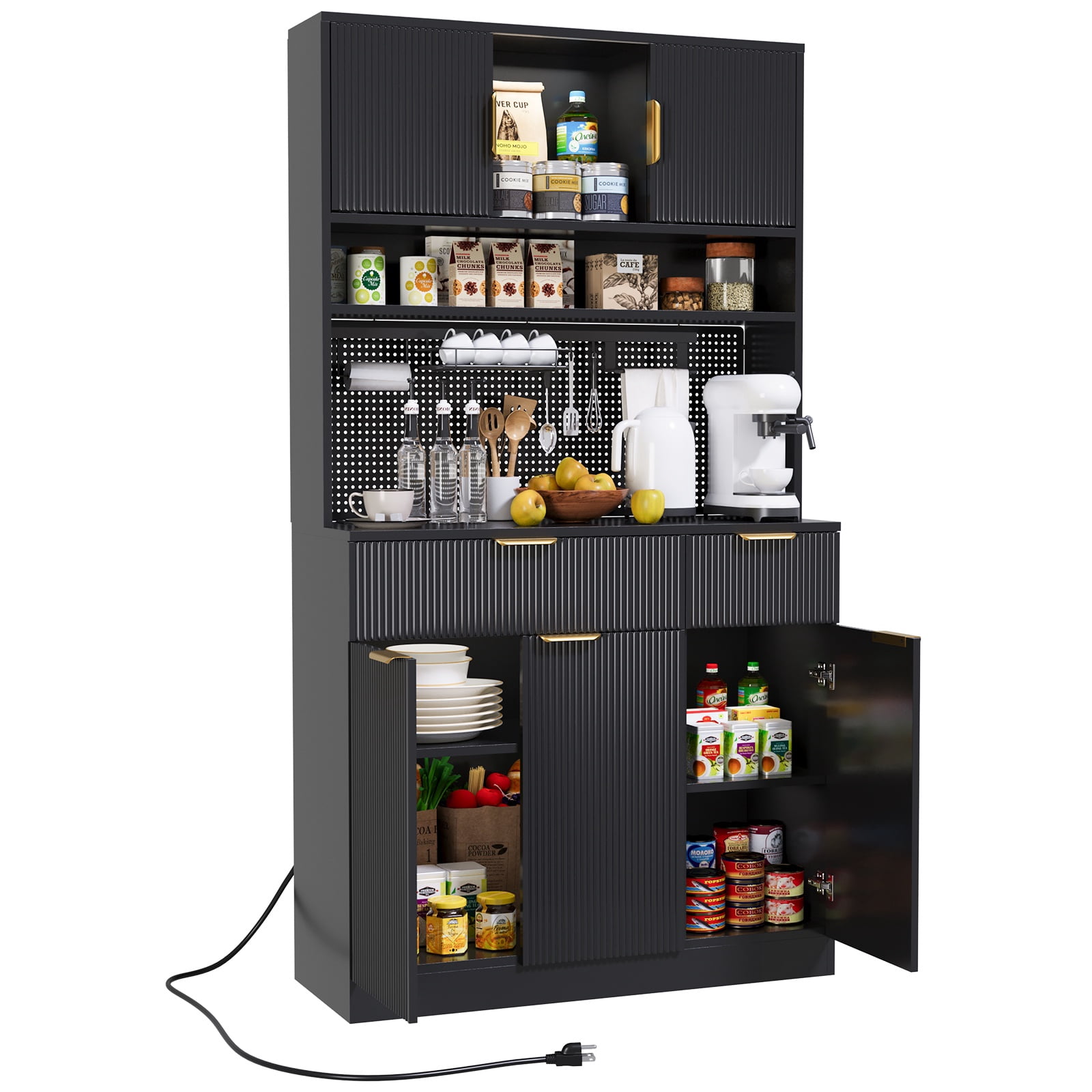 Lumiinofami 72.8" Kitchen Pantry Cabinet, Microwave Hutch with Charging Station, DIY Pegboard, 5 Fluted Doors, 2 Drawers, Adjustable Shelves for Kitchen, Dining Room, Living Room, Black