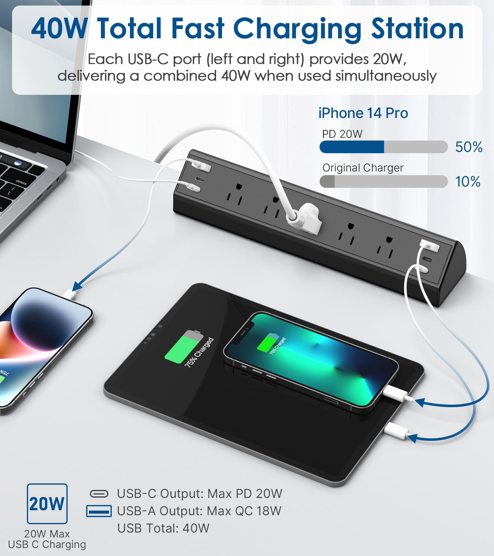 VILONG Desk Clamp Power Strip USB C, 40W Total Fast Charging Station, 5 Outlets 6USB, 1200J Surge Protector, 6Ft Cord, Fit 1.6" Edge, Black, ETL Listed