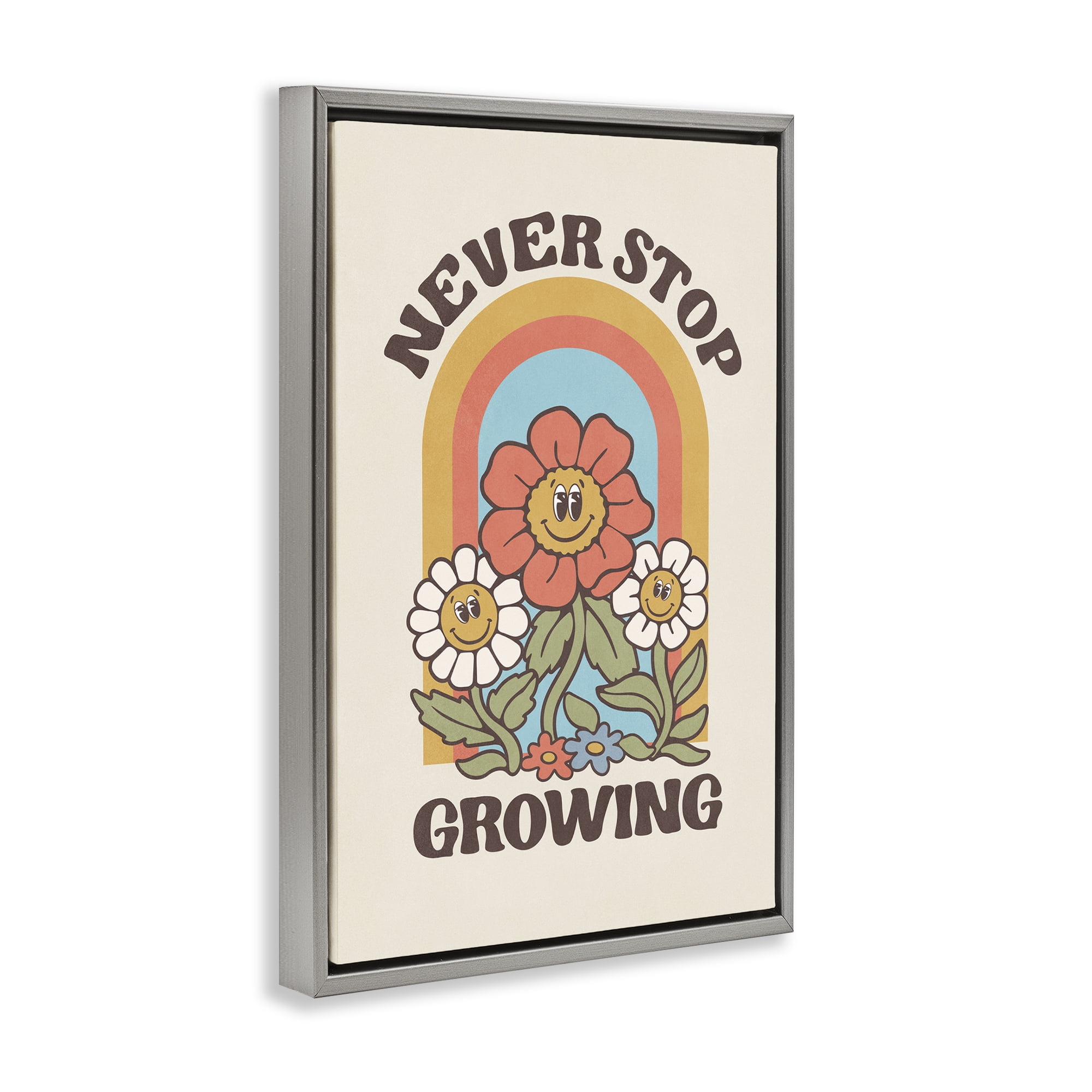 Stupell Industries Vintage Never Stop Growing Plants & Flowers Painting Gray Floater Framed Canvas Art Print Wall Art, 21 x 31