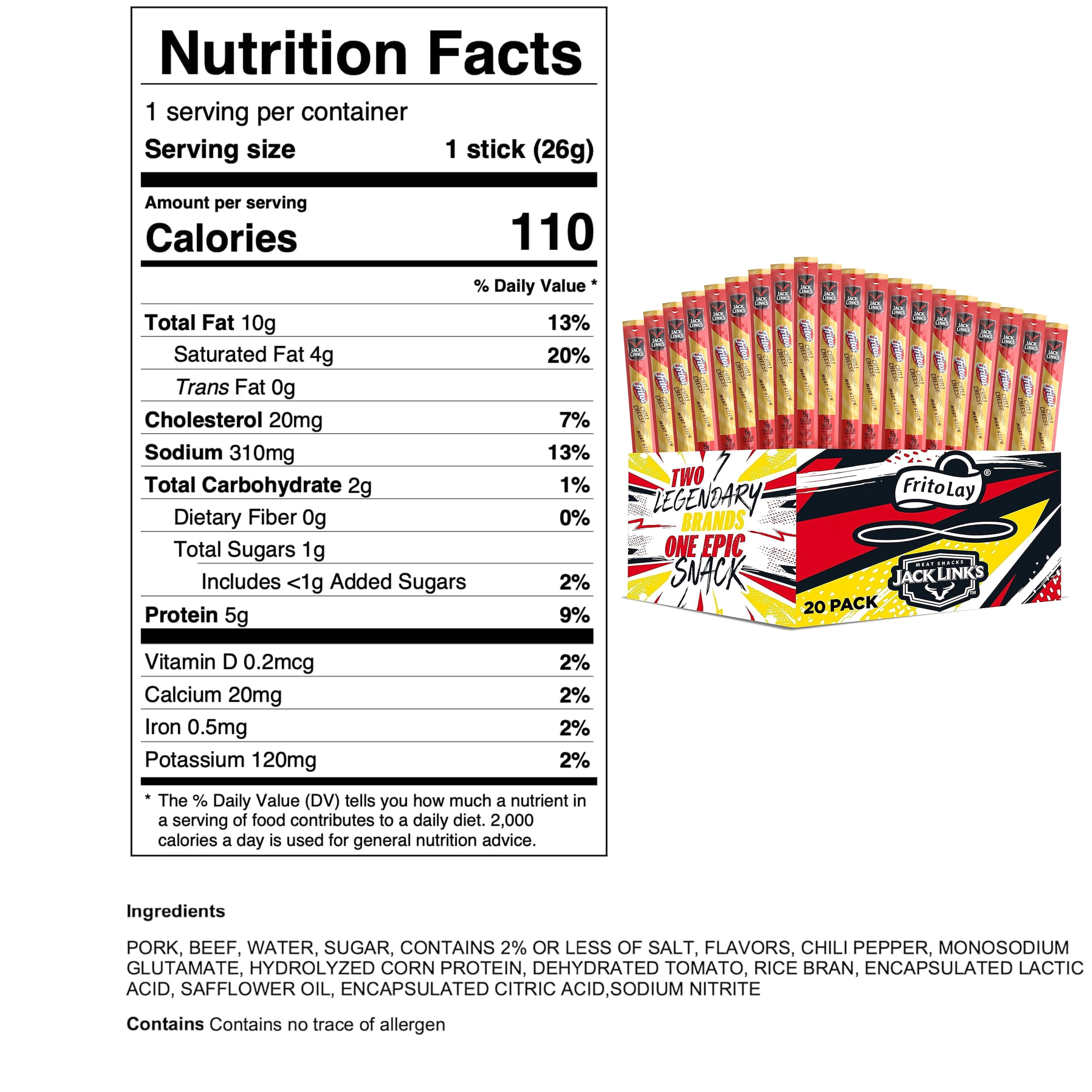 Frito Lay Jack Links Fritos Chili Cheese Meat Sticks Straight pack (pack of 20)