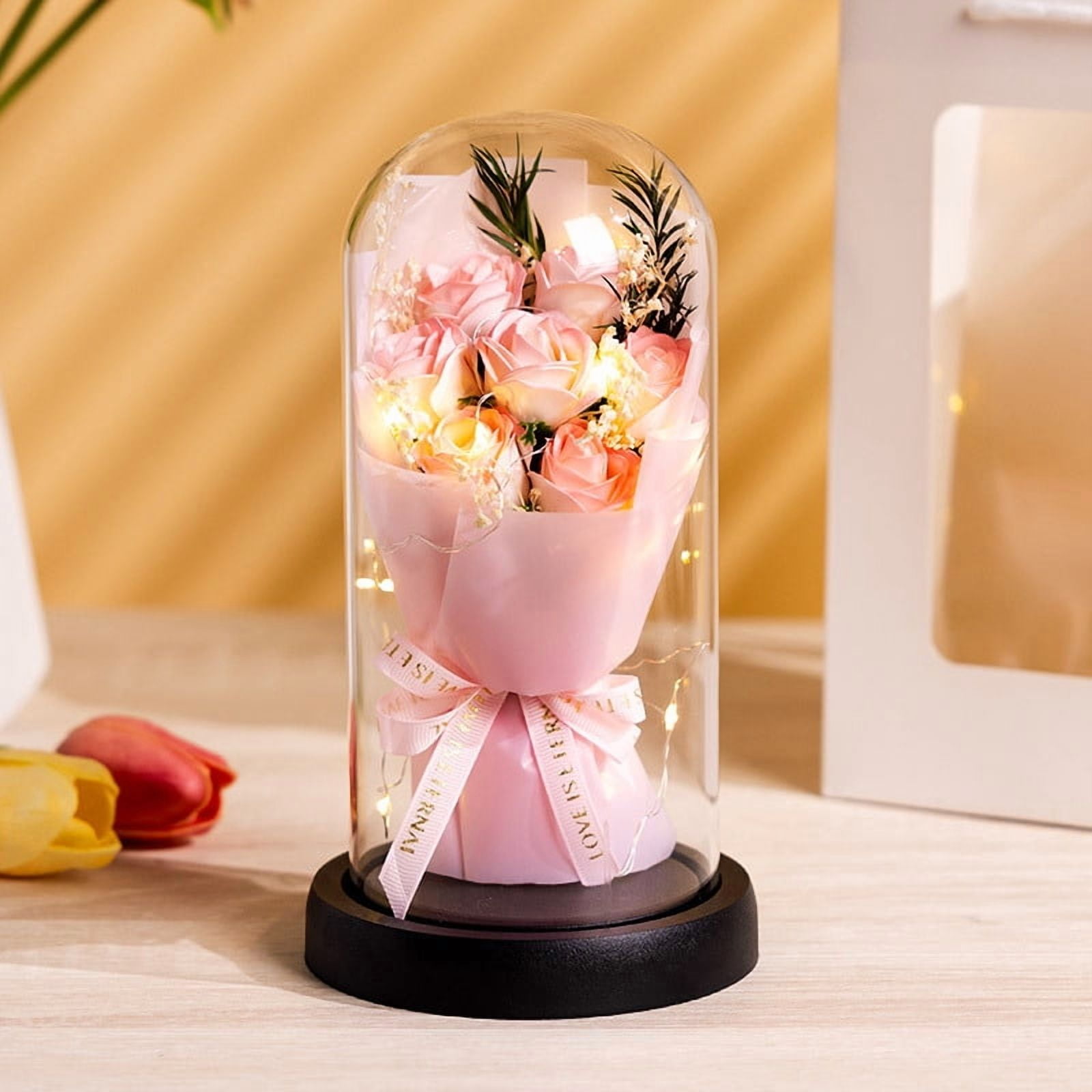 Preserved Pink Rose with Glass Dome and Warm LED Lights Artificial Rose Flower Display Romantic Table Decor Gift for Anniversary Birthday Wedding and Mother s Day