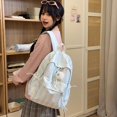 thumbnail image 5 of Striped Bow School Backpack, Chic Backpack with Drawstring Side Pocket, Nylon Waterproof Bookbag for College Shopping Travel (Blue), 5 of 10