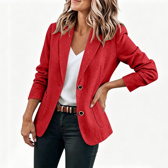 Women's Button Blazer Solid Collar Two Buttons Side Pockets Textured Loose Fit Daily Business Casual Jacket, Womens Suit Jacket Red XL