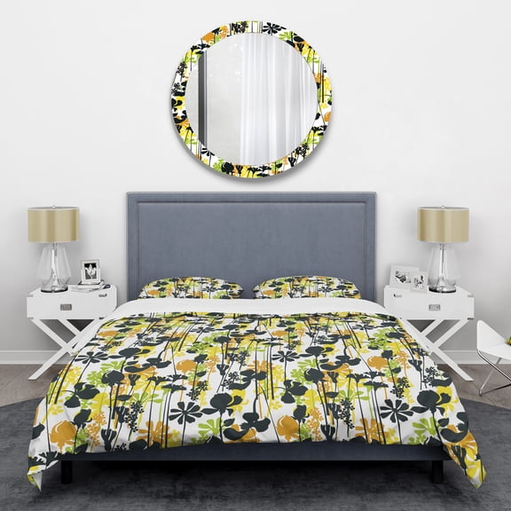 Designart 'Summer meadow pattern, black silhouettes' Mid-Century Modern Duvet Cover Set