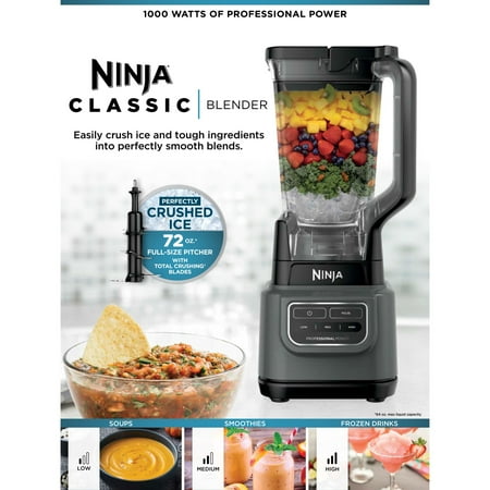 Ninja Classic Blender, 1000 Watts, 3 Speeds, Smoothies, 72 Oz. Pitcher, Total Crushing Blades, Dark Gray BE200