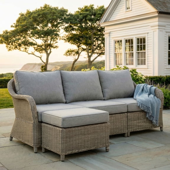 Martha Stewart Indoor-Outdoor Modular 3-Seat Patio Sofa with Ottoman in Weathered Gray Rattan Wicker with Gray All-Weather Cushions