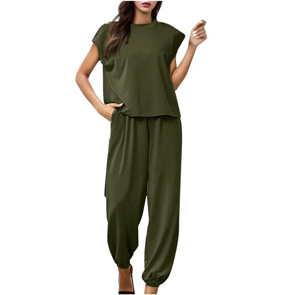 Women's Summer 2 Piece Tracksuit Outfit Casual Cap Sleeve Tops High Waist Track Pants Sweatsuits Lightweight Loose Fitted Loungewear Matching Sets