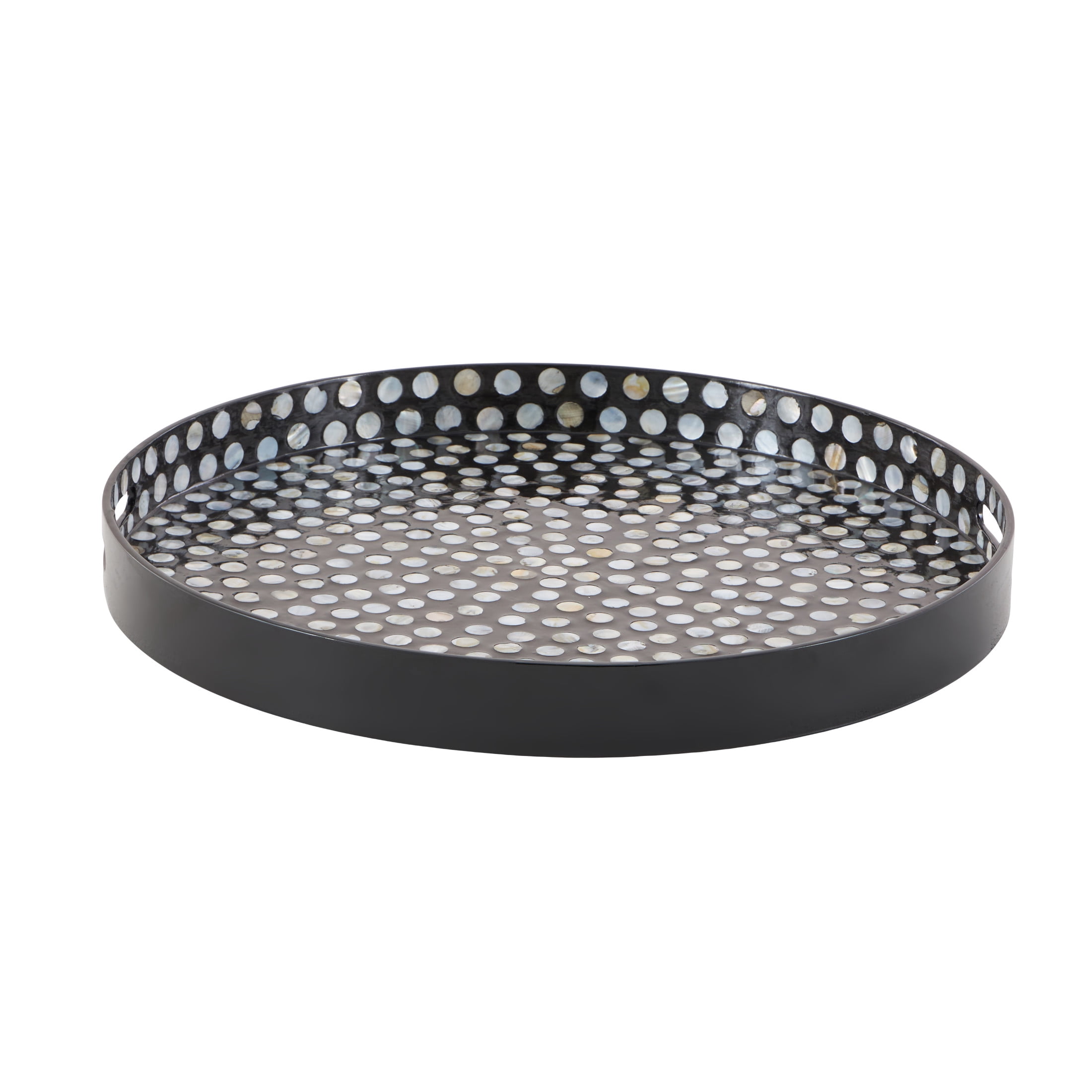 DecMode 24" x 24" Black Mother of Pearl Shell Handmade Nautical Tray with Slot Handles, 1-Piece