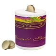 thumbnail image 1 of Mardi Gras Piggy Bank, Colorful Lace Style Corner Ornaments Calligraphy and Dotted Design, Ceramic Coin Bank Money Box for Cash Saving, 3.6" X 3.2", Purple Yellow Green, by Ambesonne, 1 of 4