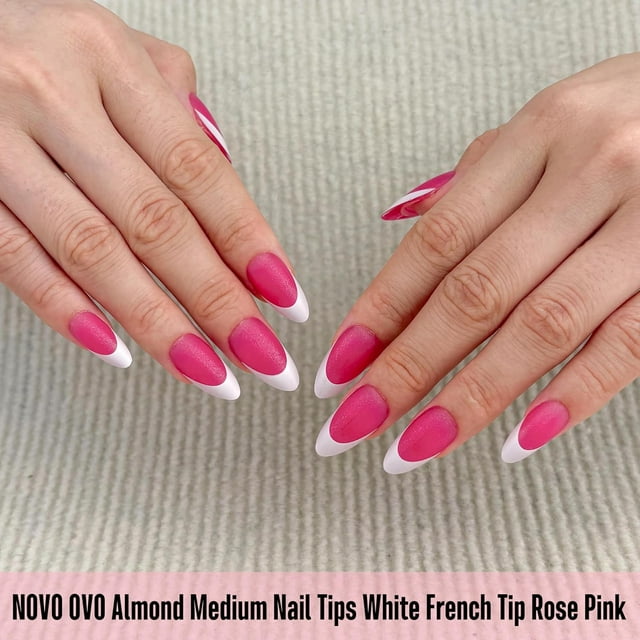 xianlin-White French Tip Amande Pointes d'Ongles à Presser ROSE PINK, Extension Acrylique d'Ongles en Gel Extra Épais Moyen Doux, Nécessite une Couche de Gel de Construction, Sans Colle Incluse, pour Salon DIY x 15 Tailles 240 Pcs