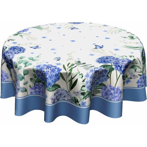 Spring Floral Tablecloth 60 Inch Round, Blue Hydrangea Flower Summer Washable Table Cover for Party Picnic Dinner Decor