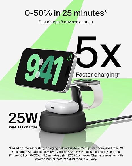Belkin MagSafe Charger Compatible, 3-in-1 Qi2 Wireless Charging Dock 25W, Adjustable Wireless Charger for iPhone 17, Apple Watch, AirPods, Desktop Phone Stand w/ 45W Adapter - Charcoal