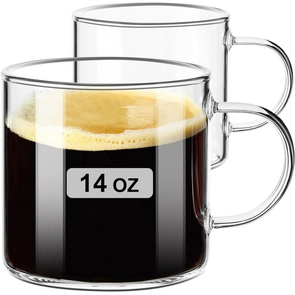 Clear Coffee mug 14oz, Glass Coffee Mugs Set of 2, Large Glass Coffee Cups with Handle for Hot/Cold Drink, Latte, Cappuccino, Tea, Juice and Beer