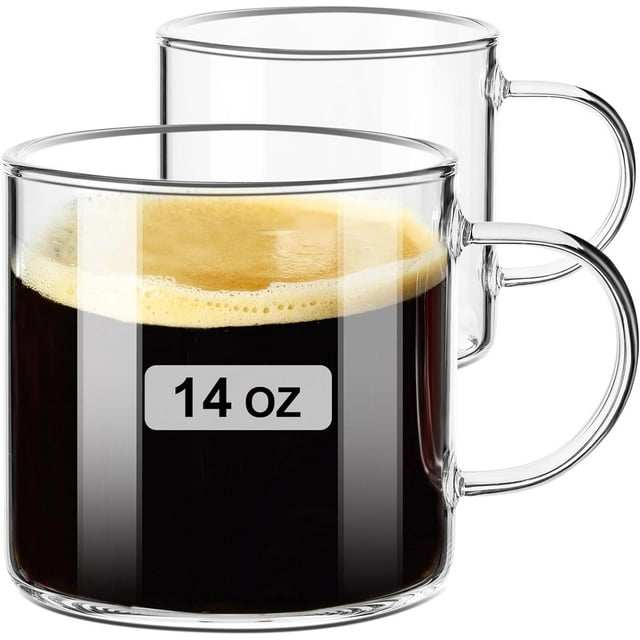 Clear Coffee mug 14oz, Glass Coffee Mugs Set of 2, Large Glass Coffee Cups with Handle for Hot/Cold Drink, Latte, Cappuccino, Tea, Juice and Beer