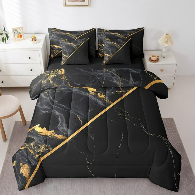 YST Ensemble de Couette en Marbre Abstrait Aquarelle Noir, 7 Pcs, Grand
