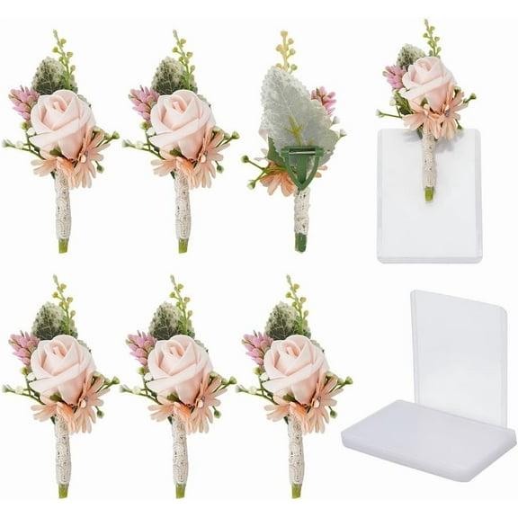 6pcs Flower Wedding Boutonniere Rose Pocket Corsage for Men with 6 Plastic Sleeve Handmade Boutonniere Men Corsage for Wedding Groom Groomsmen Anniversary Ceremony Party Prom Dinner DIY