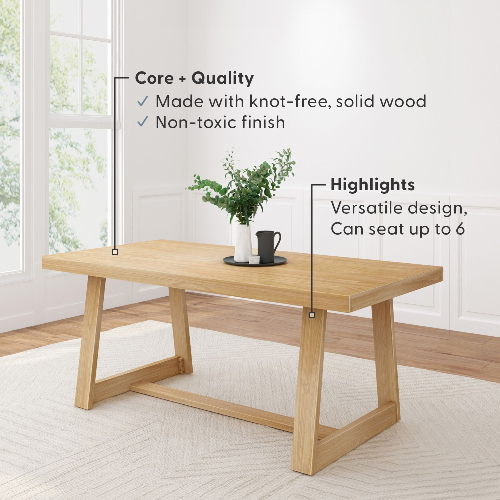 Plank+Beam Farmhouse 72" Dining Table, Solid Wood Rectangular Kitchen Table for 6 People