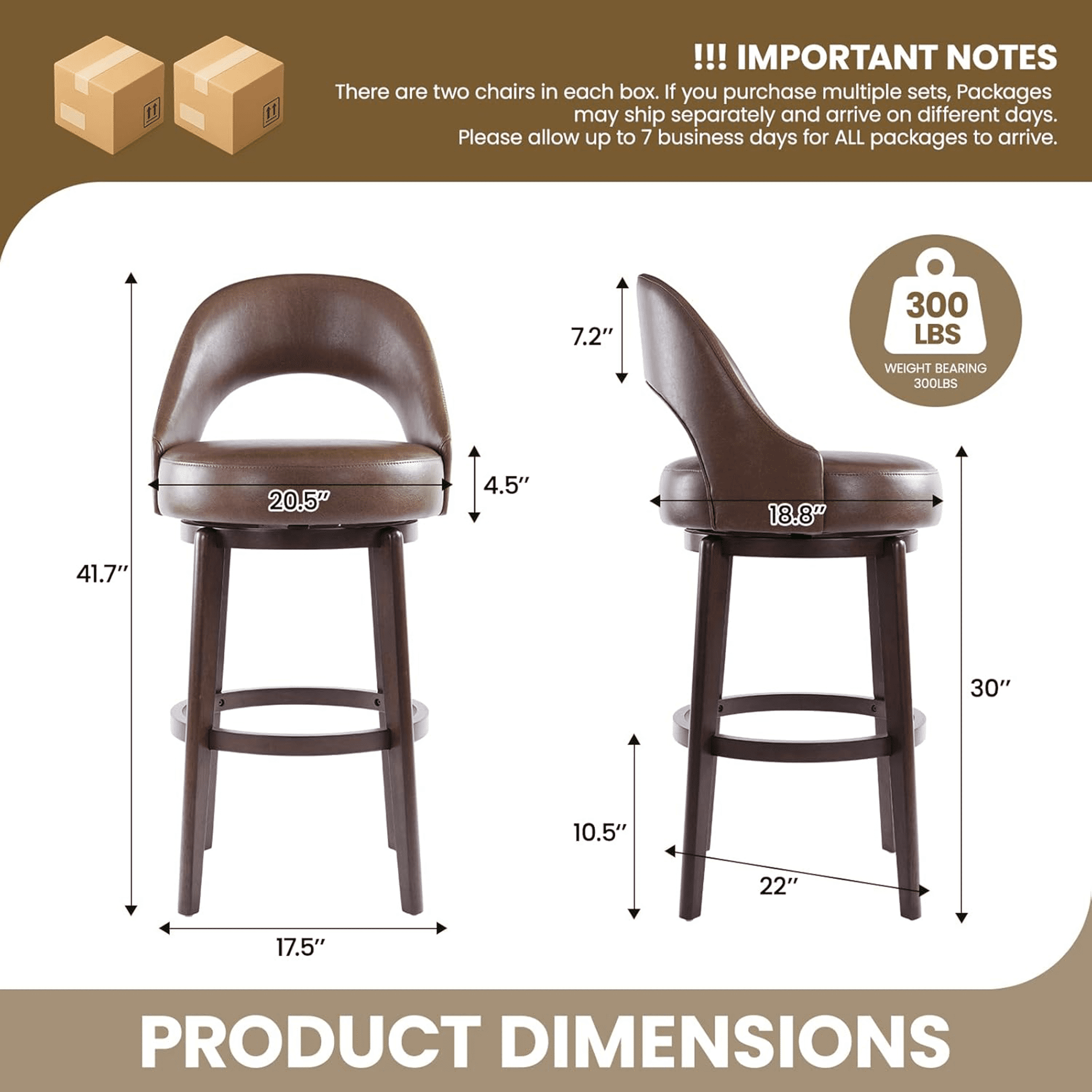 Guyou 30" Swivel Bar Stools Set of 6, Faux Leather Upholstered Barstools with Curved Back and Round Footrest, Modern Wooden Tall Kitchen Bar Chairs for Home Bar Pub Cafe, Brown