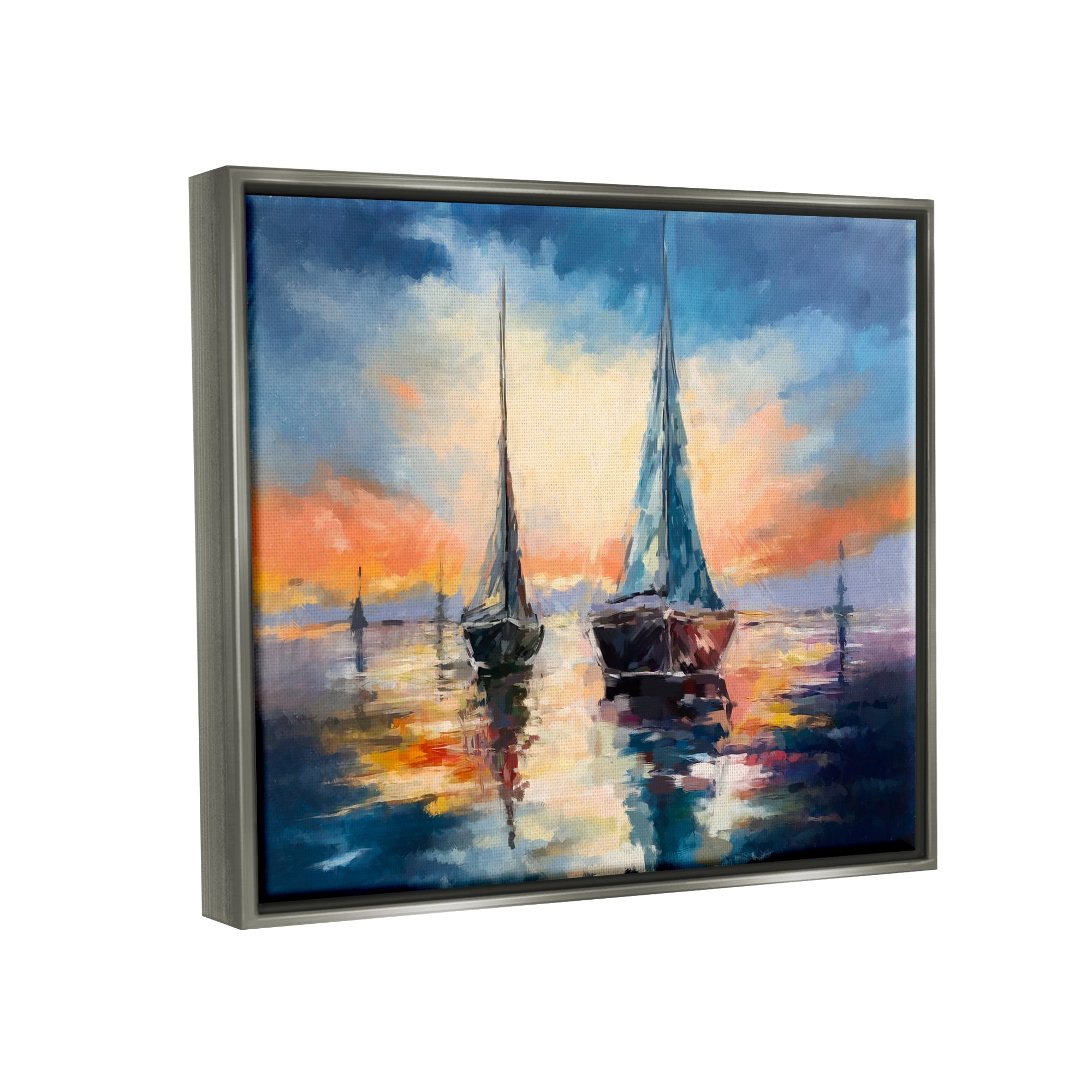 Stupell Industries Sailboats and Ocean Sunset Transportation Painting Gray Floater Framed Art Print Wall Art, 21 x 17