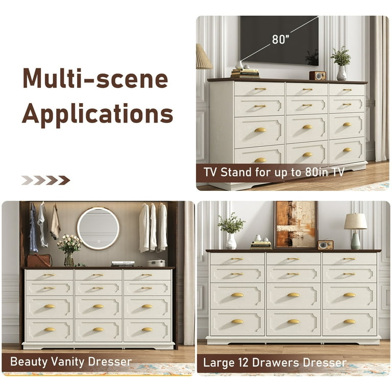 Blotout 70" Large Long Dresser with Deep Drawers, Farmhouse 12 Drawer  Dresser for Bedroom, Wide Wood Chest of Drawers with Power Outlets, Antique  ...