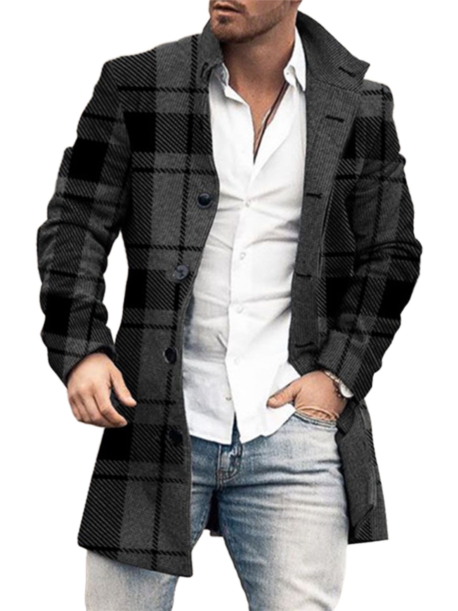 HULKAY Mens Plaid Trench Coat Casual Lapel Single Breasted Jacket Pea Coat Mid Long Windbreaker Business Jacket Overcoat