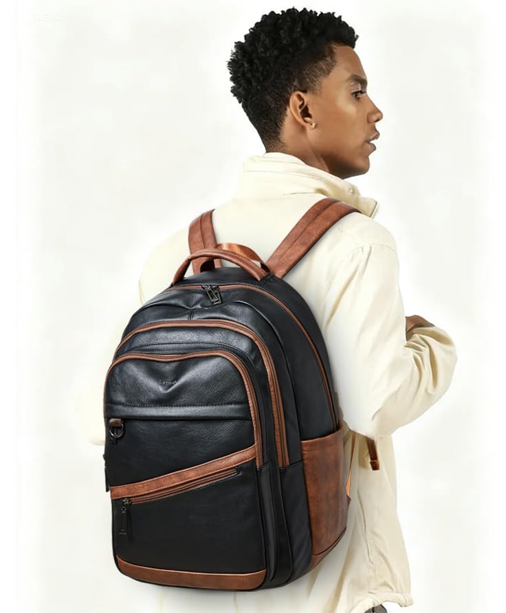 43L Vegan Leather Backpack for Women & Men, Travel Carry On Backpack, College Bookbag, Work Laptop Backpack fits 17 inch Laptop，Black&Brown